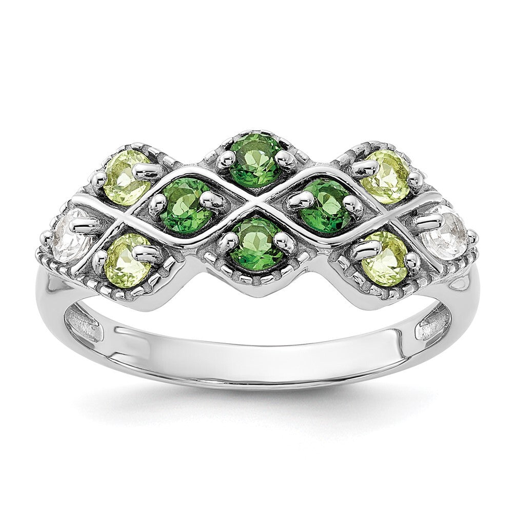 Sterling Silver Rhodium Chrome Diopside Peridot and White Topaz Ring Size 6