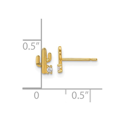 14k Yellow Gold Polished Cubic Zirconia Cactus Stud Earrings Gift for Women