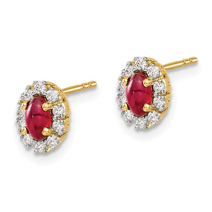 14k Yellow Gold Diamond and Ruby Oval Halo Stud Earrings