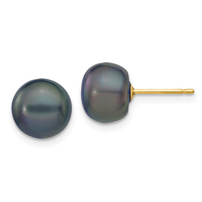 14k Yellow Gold 8-9mm Black Button Freshwater Cultured Pearl Stud Earrings