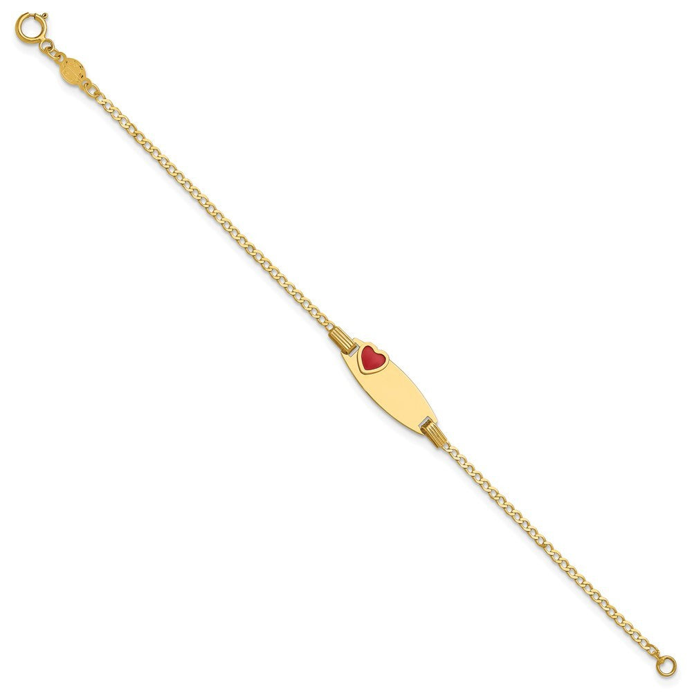 14k Yellow Gold  Red Enameled Heart on 18x5mm Plate 5.5" Baby/Child ID Bracelet