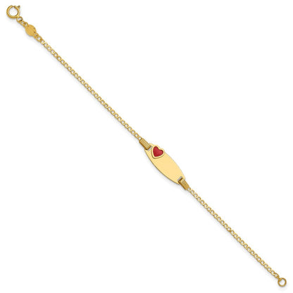 14k Yellow Gold  Red Enameled Heart on 18x5mm Plate 5.5" Baby/Child ID Bracelet