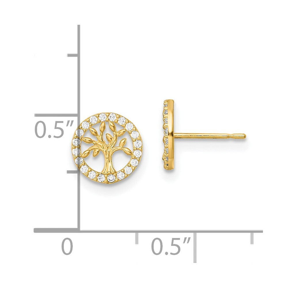 14k Yellow Gold Polished White Cubic Zirconia Tree of Life Stud Earrings
