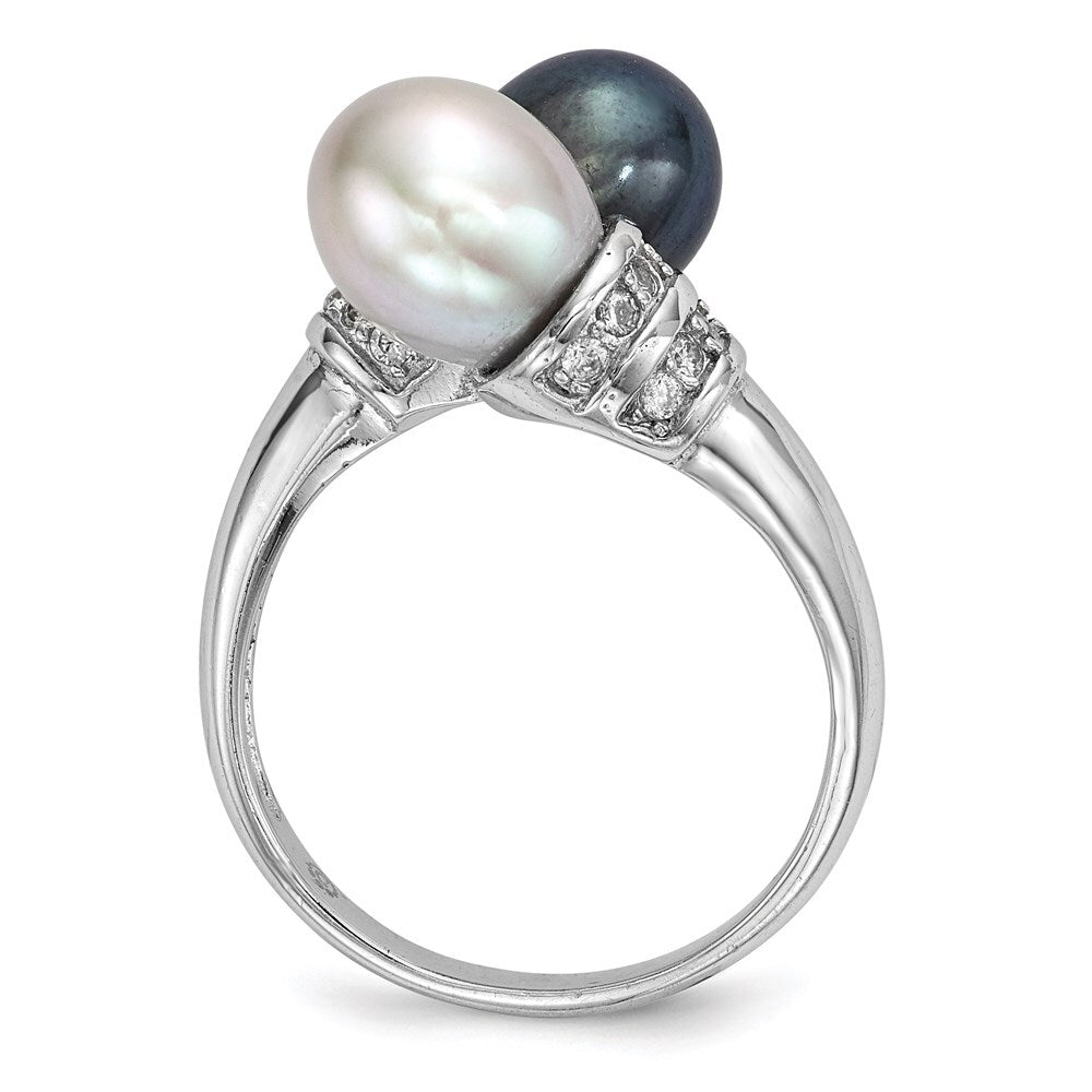 Sterling Silver 7-8mm Black and Grey Rice Freshwater Cultured Pearl and CZ Ring