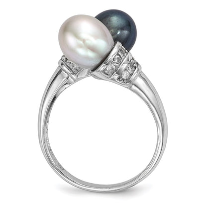 Sterling Silver 7-8mm Black and Grey Rice Freshwater Cultured Pearl and CZ Ring