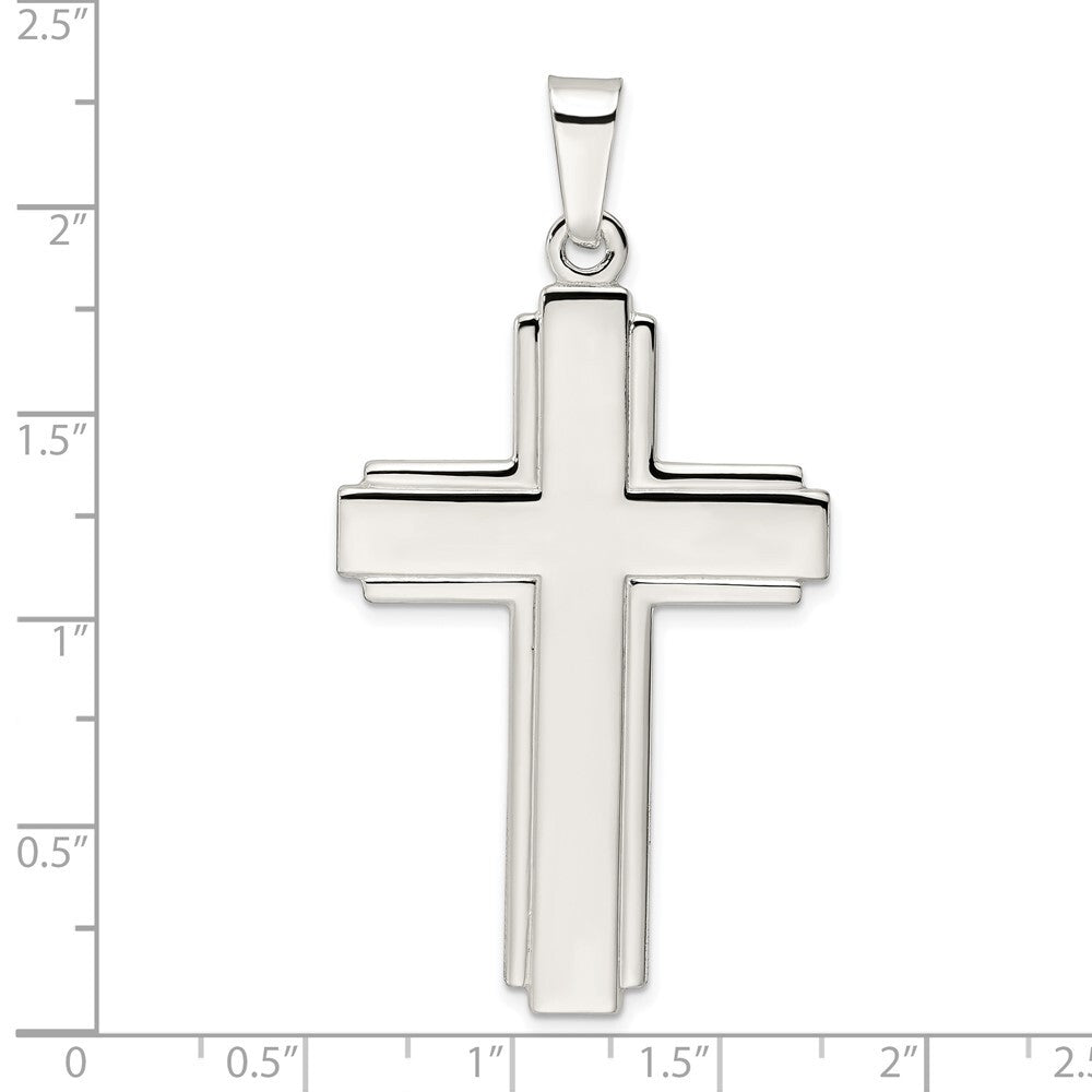 Sterling Silver Polished Edge Lines Large Latin Cross Pendant