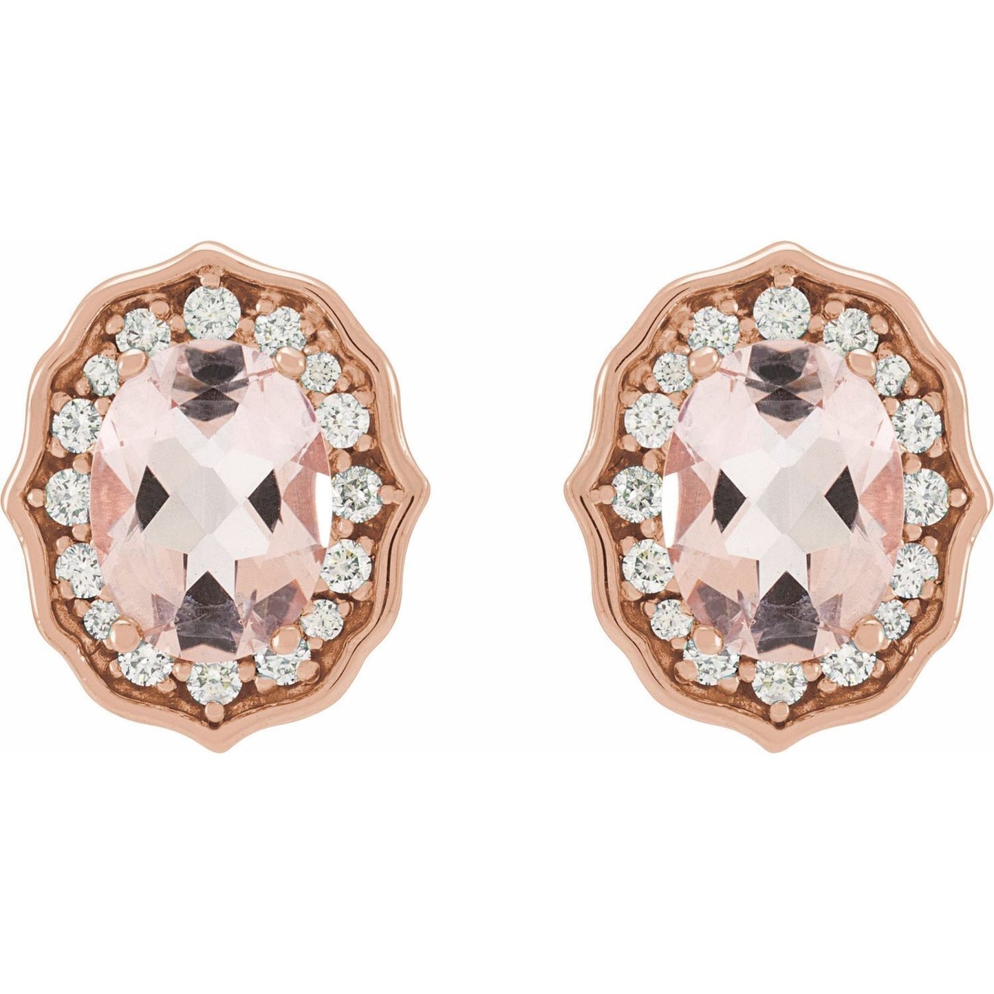 14k Rose Gold Natural Peach Morganite and 1/3 CTW Diamond Stud Earrings