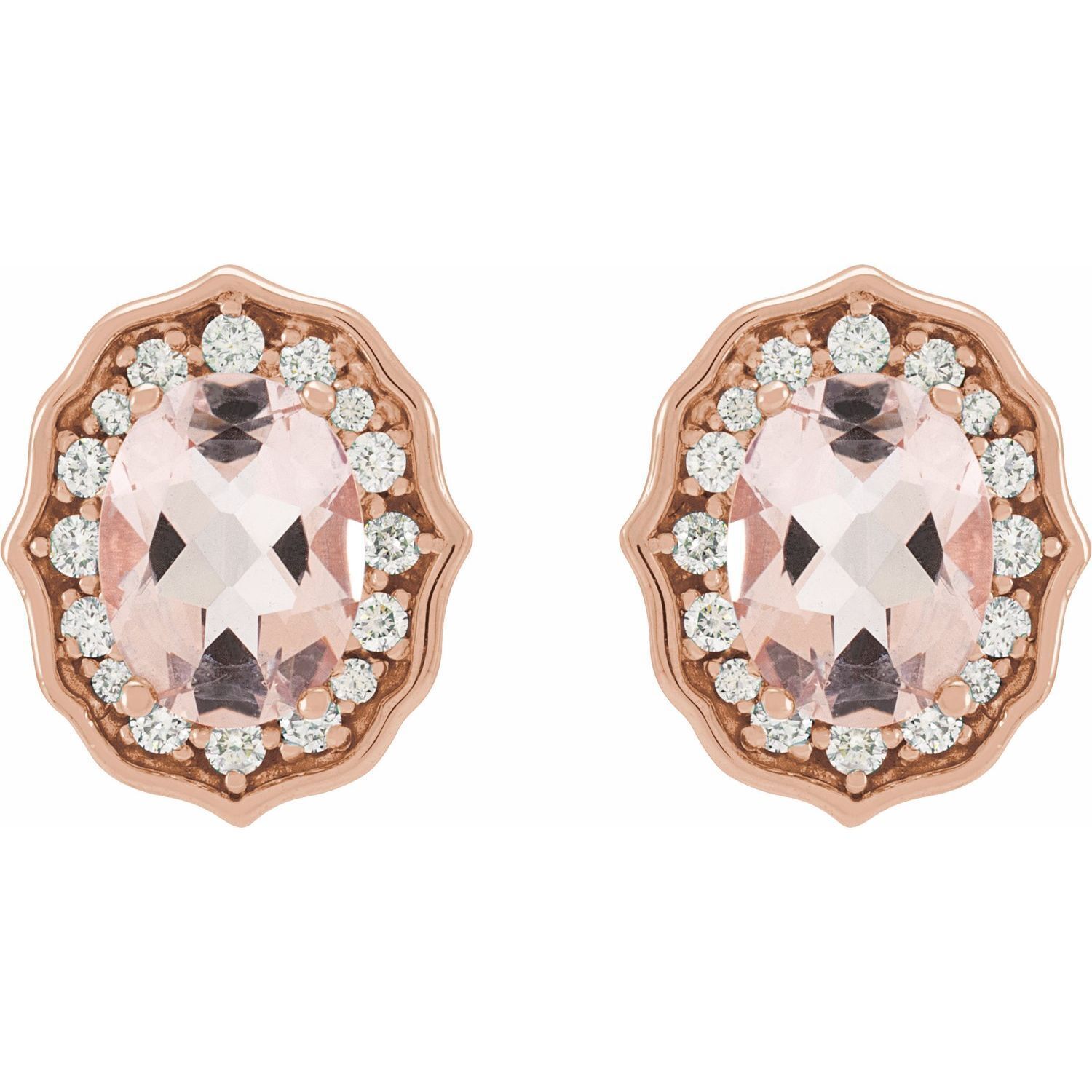 14k Rose Gold Natural Peach Morganite and 1/3 CTW Diamond Stud Earrings