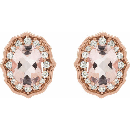 14k Rose Gold Natural Peach Morganite and 1/3 CTW Diamond Stud Earrings