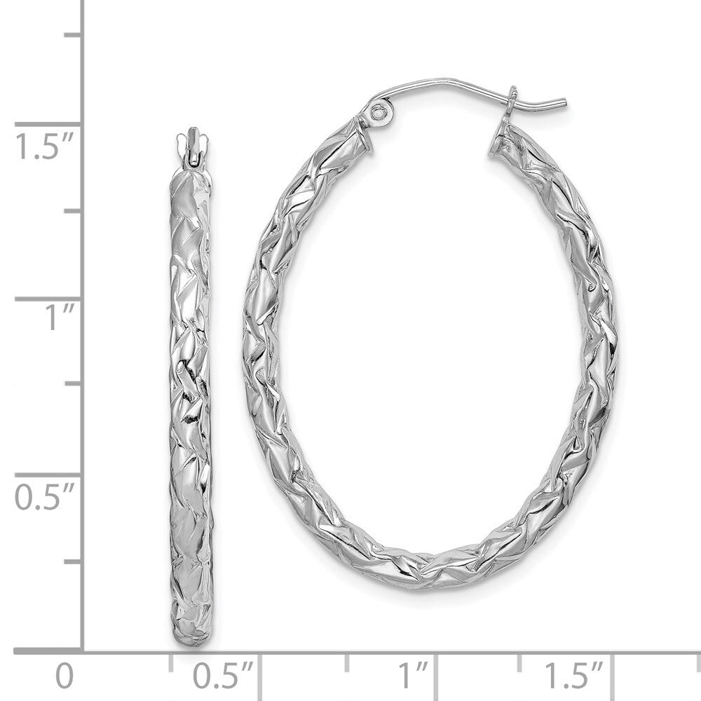 Sterling Silver RH-plated Diamond-cut Textured 3mm Oval Hoop Earrings