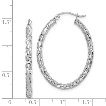 Sterling Silver RH-plated Diamond-cut Textured 3mm Oval Hoop Earrings