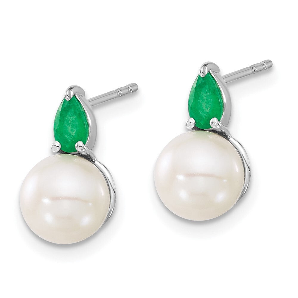 14k White Gold FWC Pearl and Emerald Stud Earrings