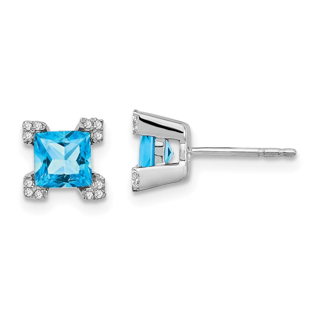 14k White Gold Square Blue Topaz and Diamond Stud Earrings