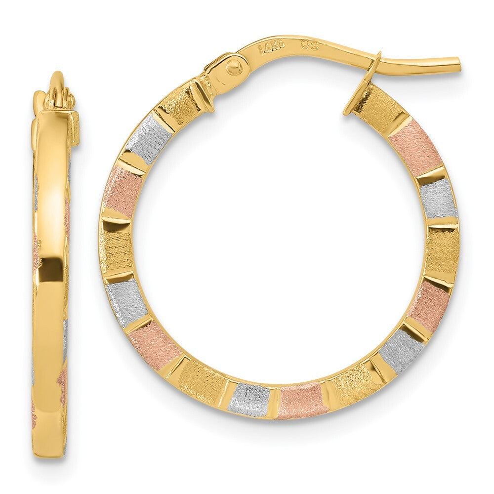 14k Yellow Gold White & Rose Rhodium Polished & Satin Hoop Earrings