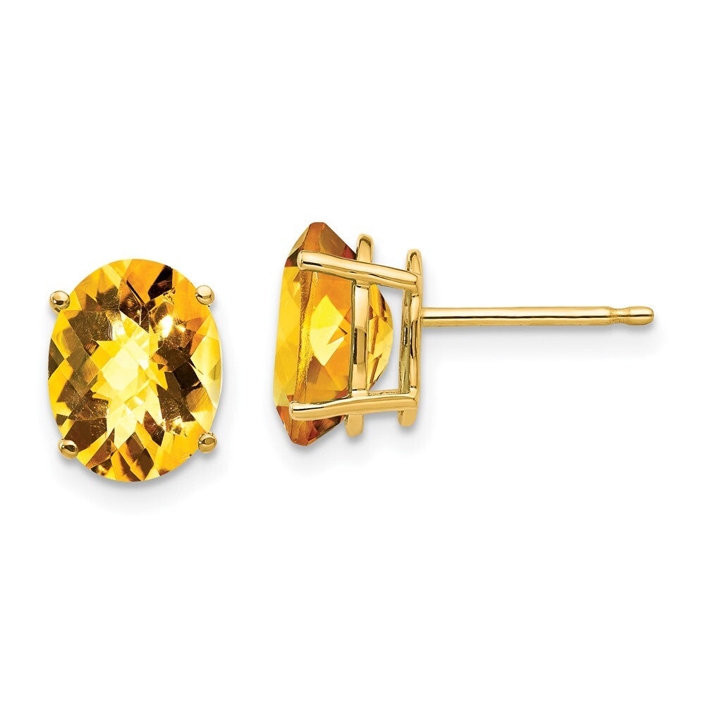 14k Yellow Gold 9x7mm Oval Citrine Checker Stud Earrings