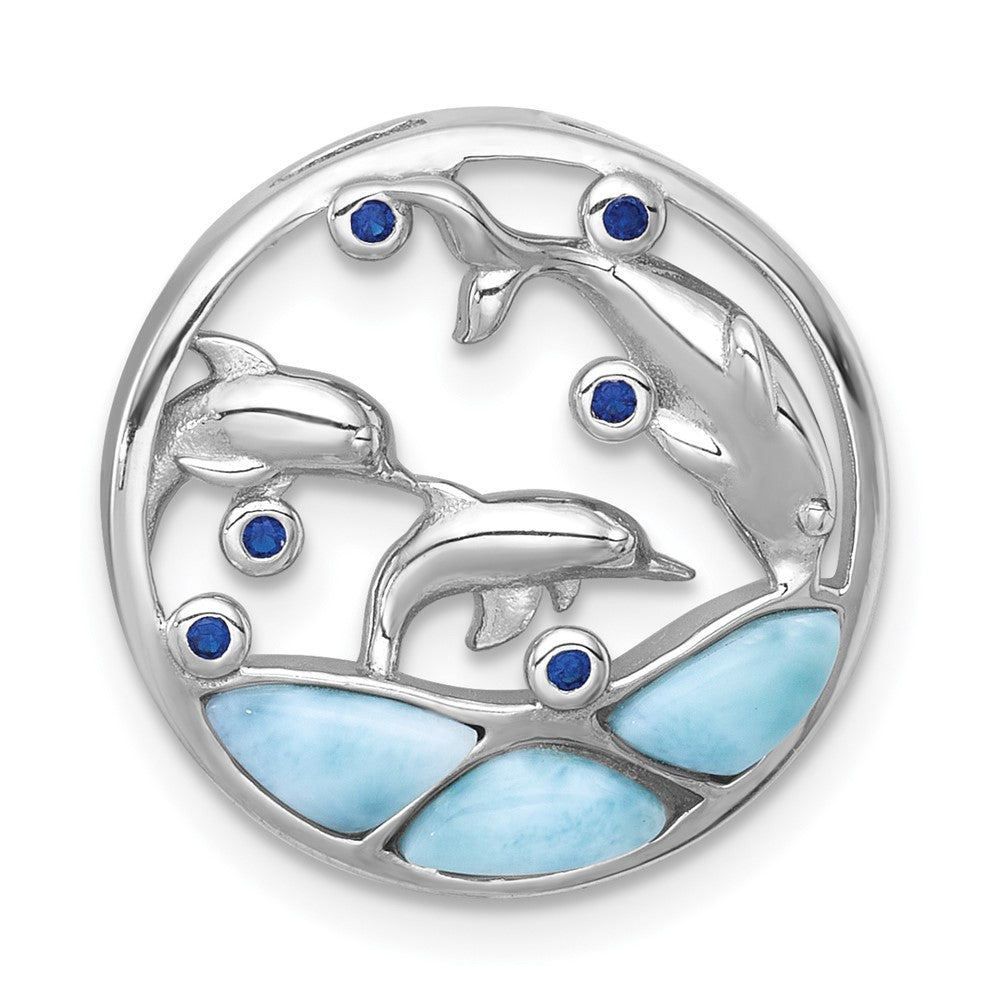 Sterling Silver Polished Larimar and Blue Cubic Zirconia Dolphins Chain Slide