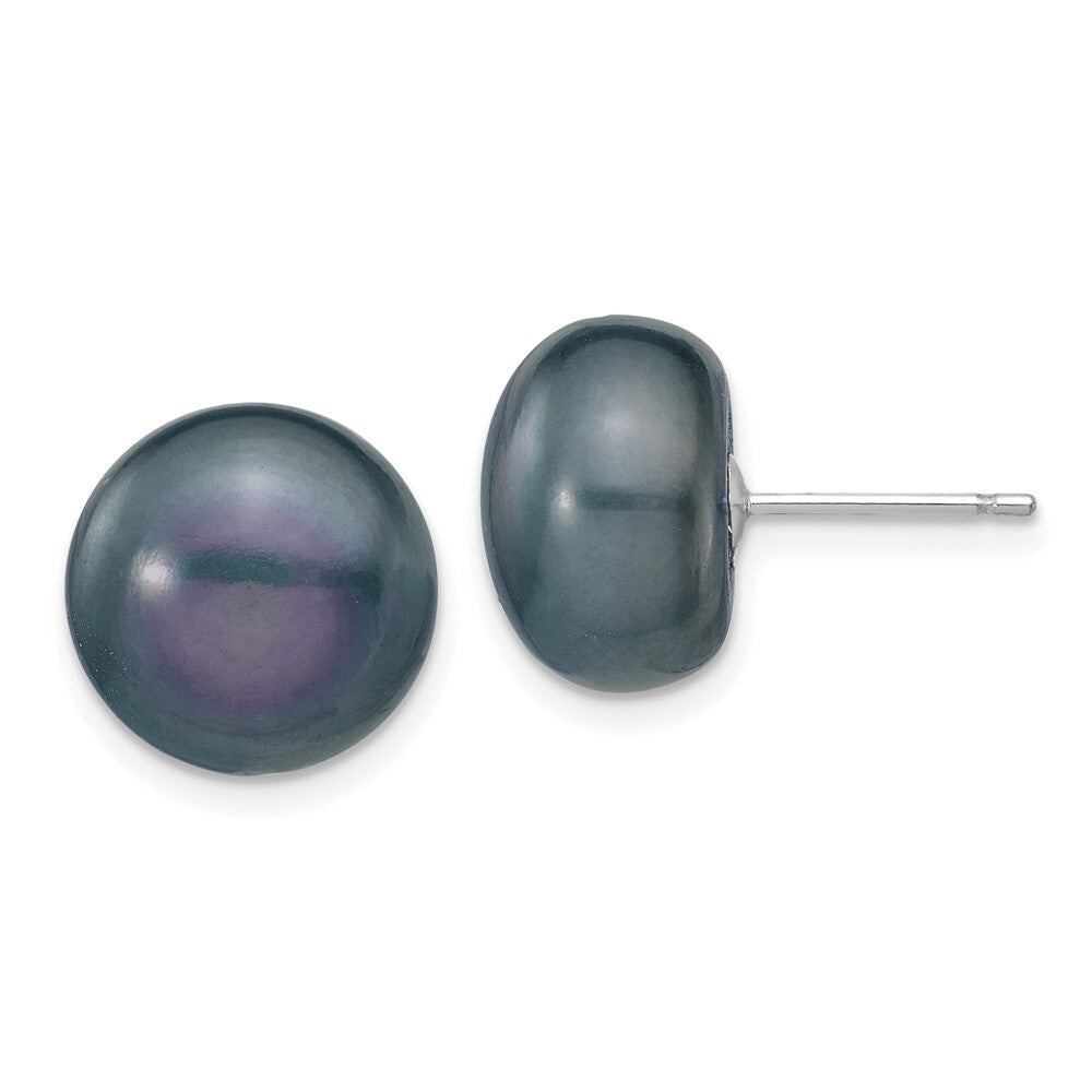 14k White Gold 11-12mm Black Button Freshwater Cultured Pearl Stud Earrings