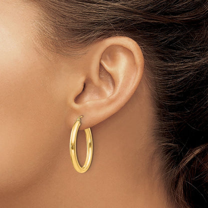 14k Yellow Gold Polished 3.5mm Oval Tube Hoop Earrings Gift for Women