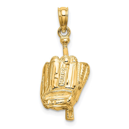 14k Yellow Gold Polished 3-D Glove/Bat/Baseball Pendant