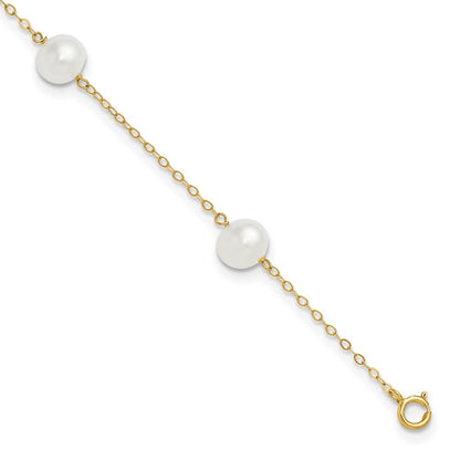 14k Yellow Gold 7-8mm White Round Freshwater Cultured Pearl 5-station 10" Anklet