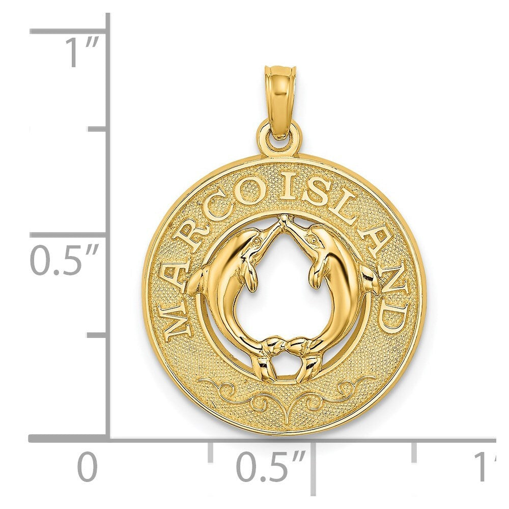 14k Yellow Gold MARCO ISLAND Circle  Dolphins Charm Pendant for Women