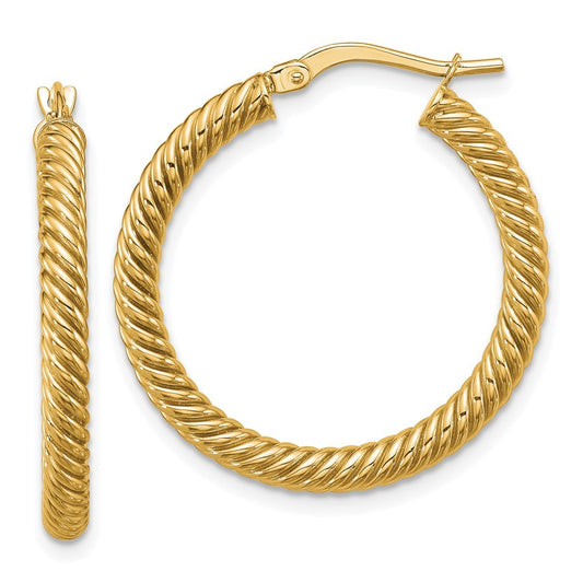 14k Yellow Gold 3x20mm Twisted Round Hoop Earrings