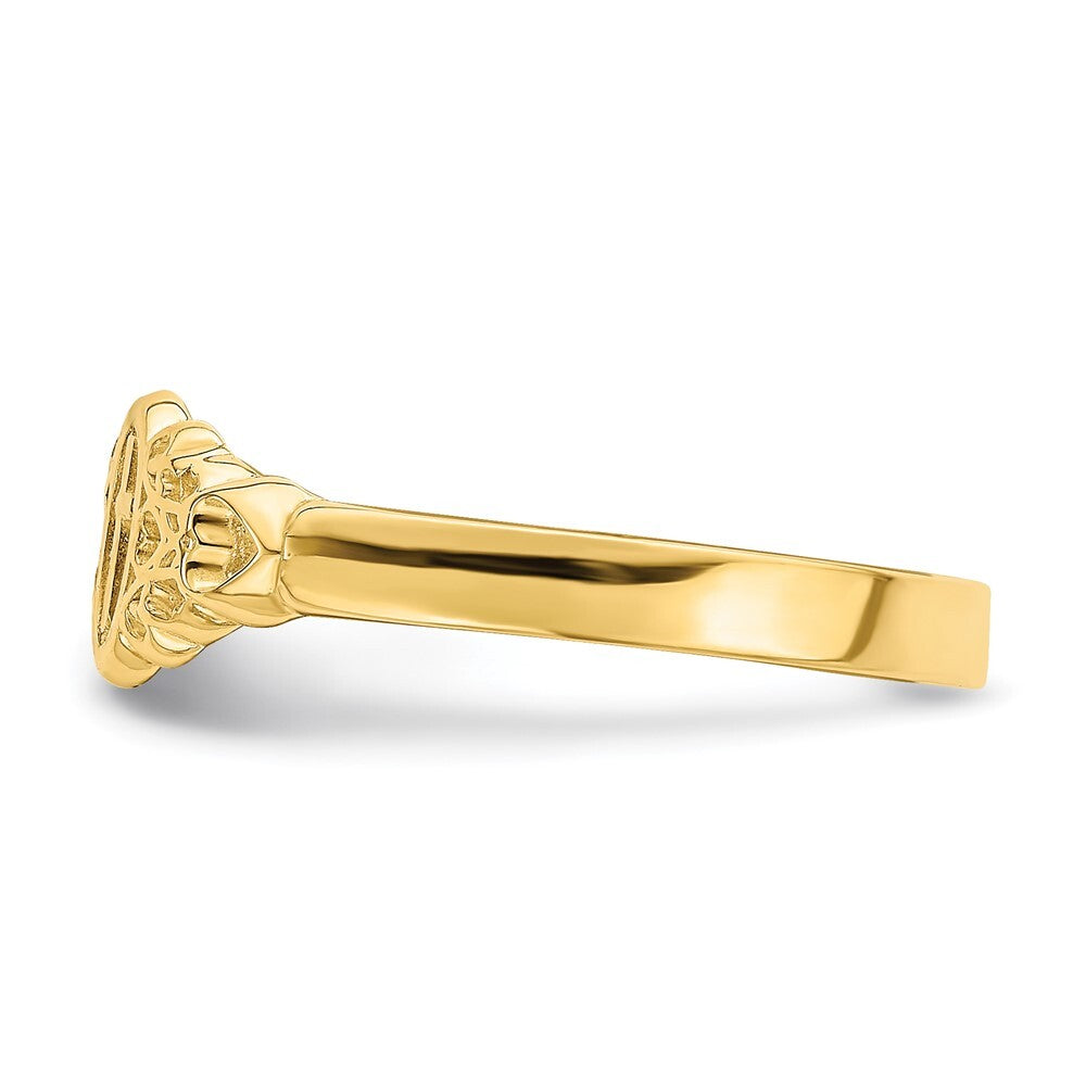 14K Yellow Gold Cross Inside Oval W/Scroll and Heart Ring Size 7