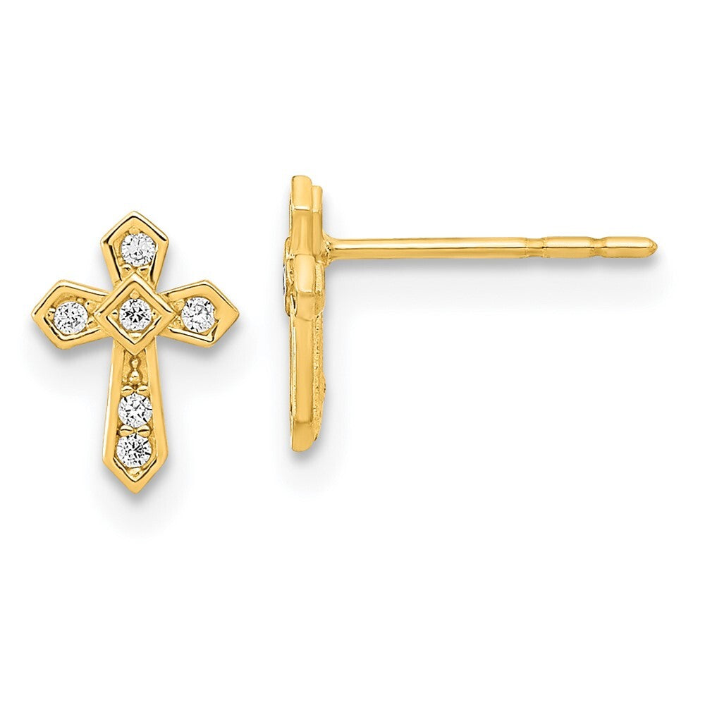 14k Yellow Gold Polished Cross Cubic Zirconia Stud Earrings Gift for Women