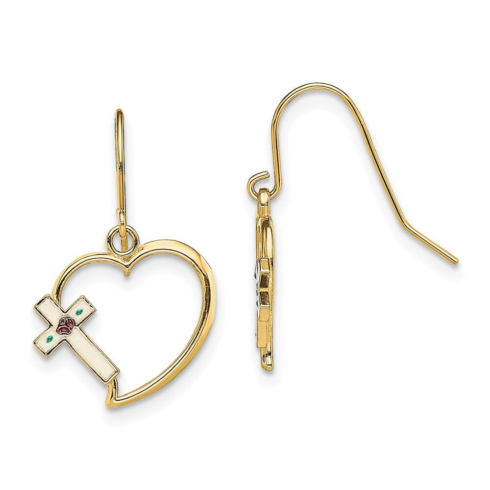 14k Yellow Gold Enamel Cross Heart Dangle Earrings Gift for Women