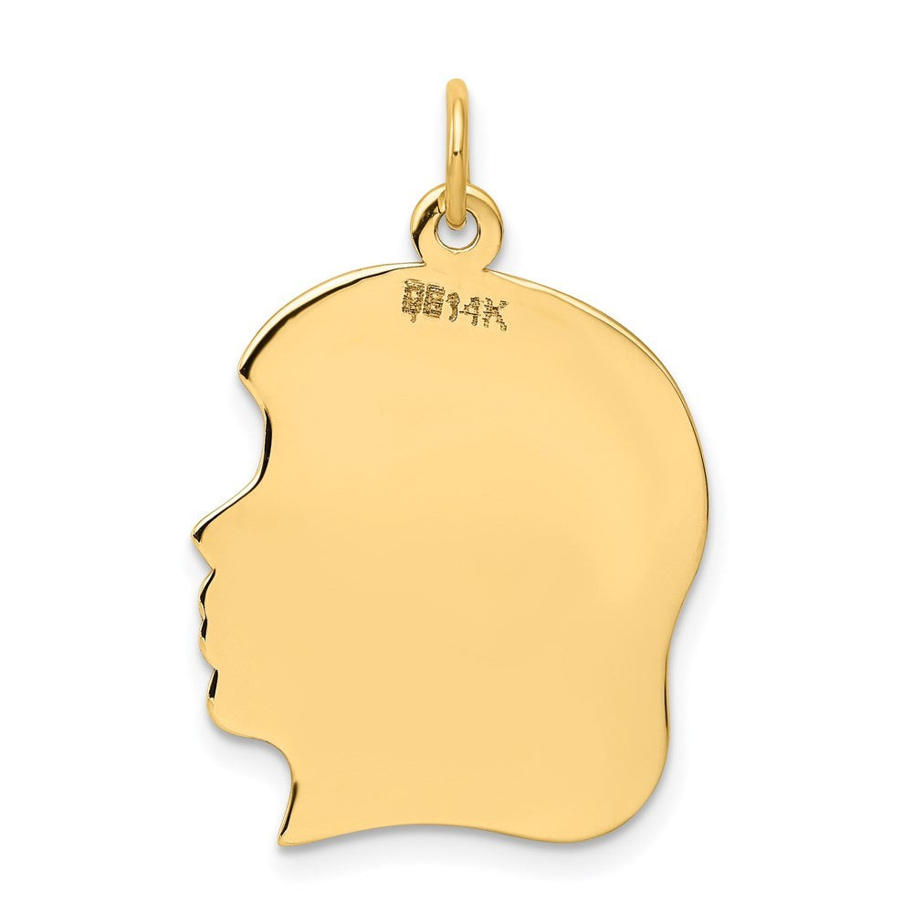 14k Yellow Gold Plain Large .009 Gauge Facing Right Engravable Girl Head Charm