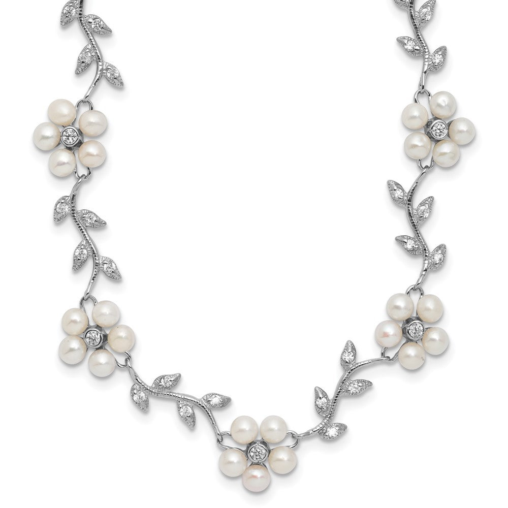 Sterling Silver CZ Vine Pattern Fresheater Cultured Pearl Floral Necklace 16"