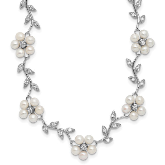 Sterling Silver CZ Vine Pattern Fresheater Cultured Pearl Floral Necklace 16"