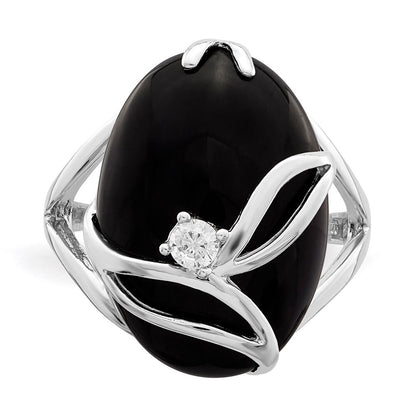 Sterling Silver Rhodium-plated Onyx and Cubic Zirconia Ring Size 7