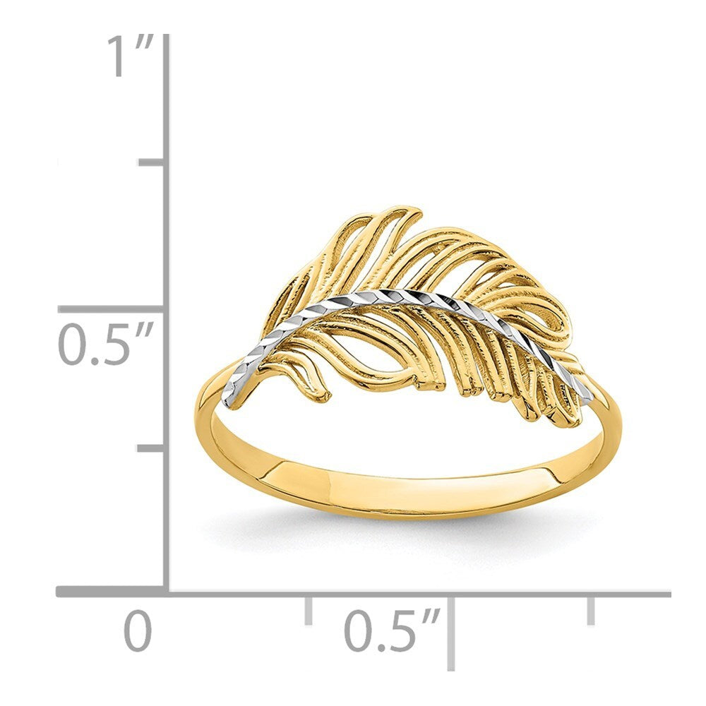 14K Yellow Gold with White Rhodium Feather Ring