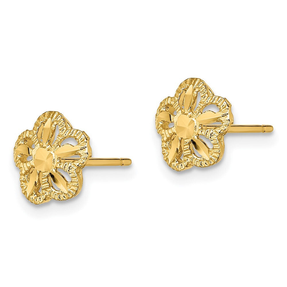 14k Yellow Gold Diamond-cut Flower Stud Earrings Gift for Women