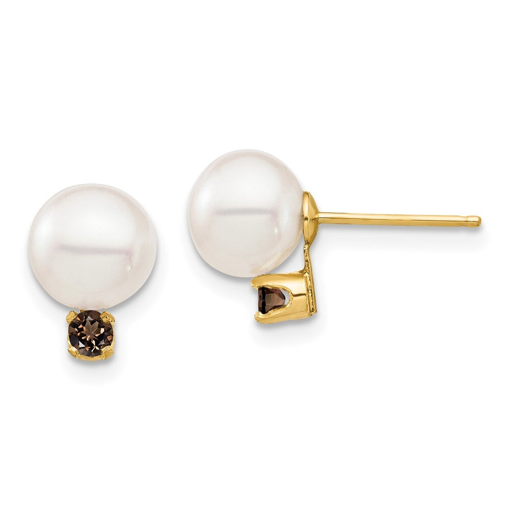 14k Yellow Gold 7-7.5mm Cultured Pearl & Smokey Quartz Stud Earrings for Women