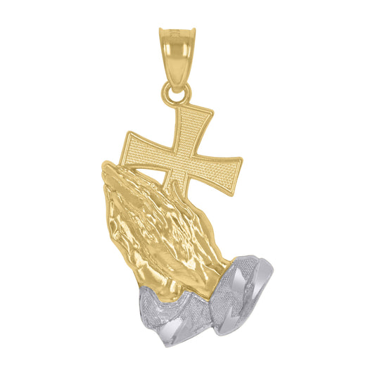 10k Two-Tone Gold Praying Hands Praying Hands With Cross Religious Charm Pendant