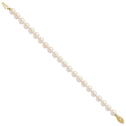 14k Yellow Gold 6-7mm White Round Saltwater Akoya Cultured Pearl 8 inch Bracelet