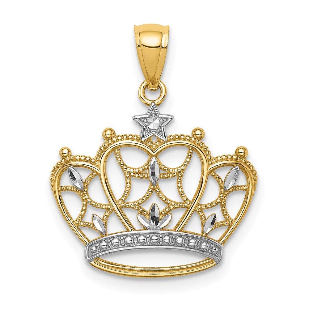 14k Yellow Gold and White Rhodium Diamond-cut Filigree Crown Pendant