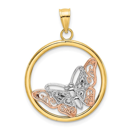 14k Two-tone Gold  White Rhodium Butterfly In Round Frame Charm Pendant