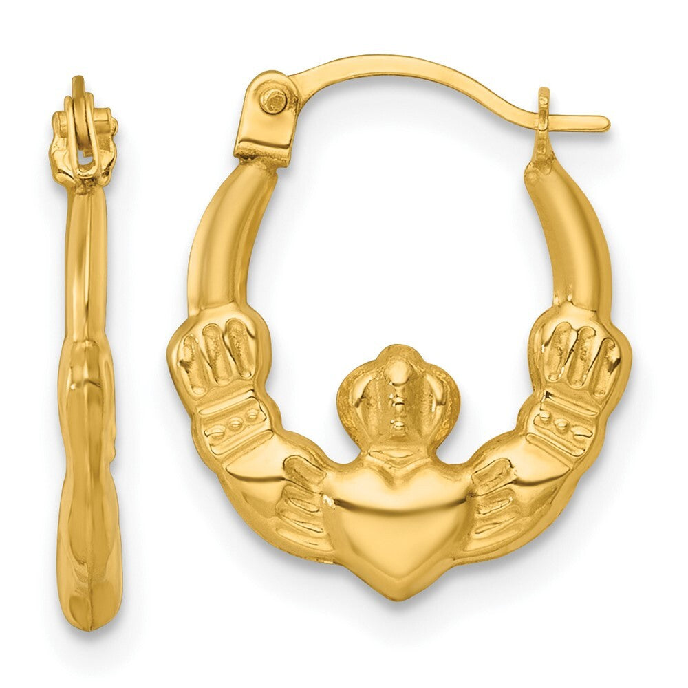 14k Yellow Gold Polished Claddagh Hoop Earrings Gift for Women