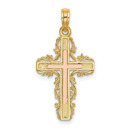 14k Two-tone Gold  Lace Trim Cross Charm Pendant for Women