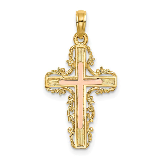 14k Two-tone Gold  Lace Trim Cross Charm Pendant for Women