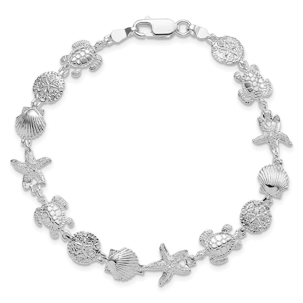 Sterling Silver Rhodium-plated Polished and Textured Sea Life 7.25 inch Bracelet