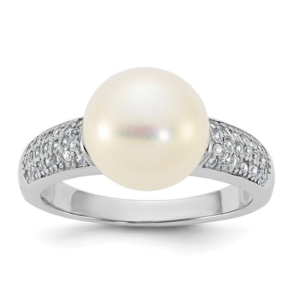 Sterling Silver 9-10mm White Button Freshwater Cultured Pearl and CZ Ring Size 8