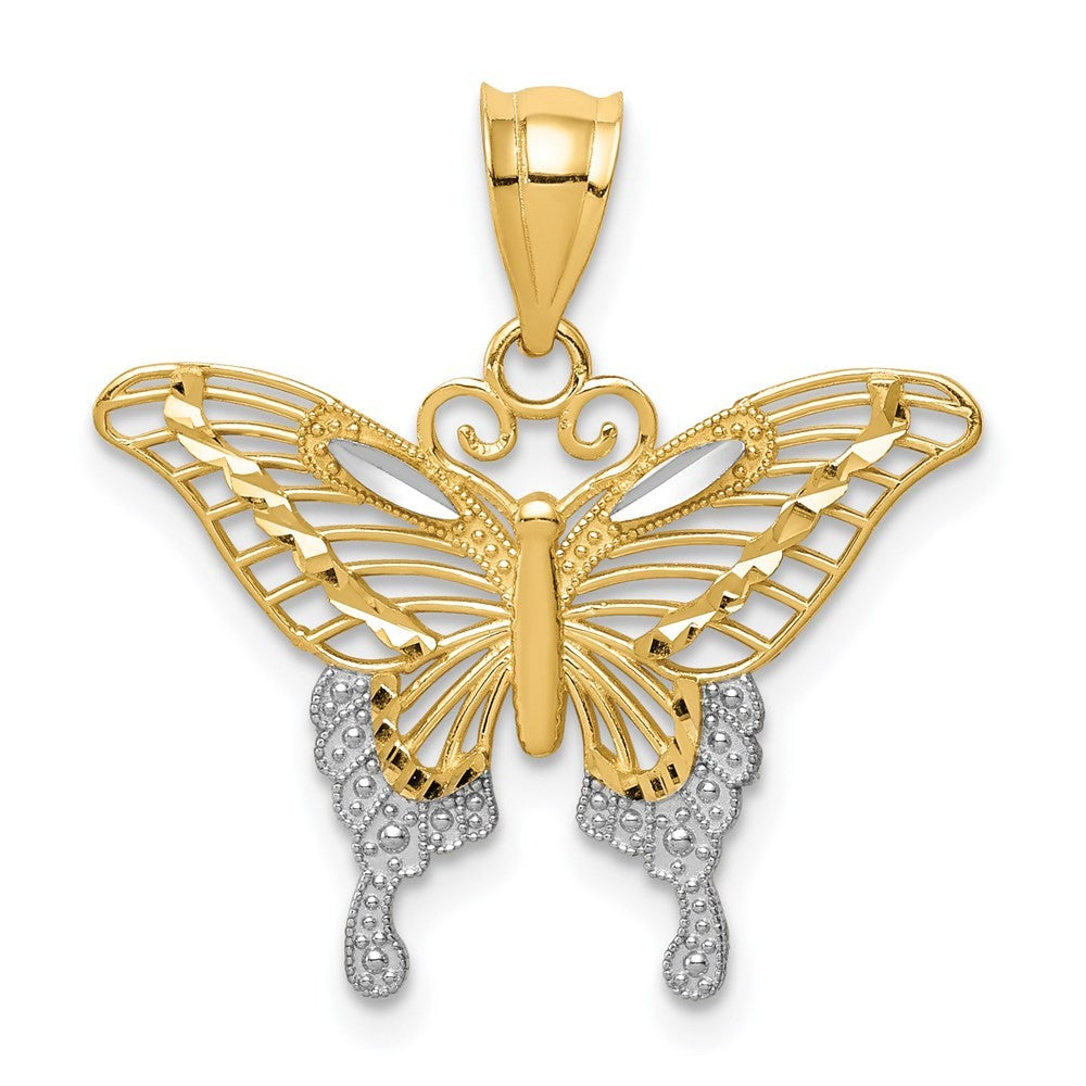 14k Yellow Gold and White Rhodium Diamond-cut Butterfly Pendant