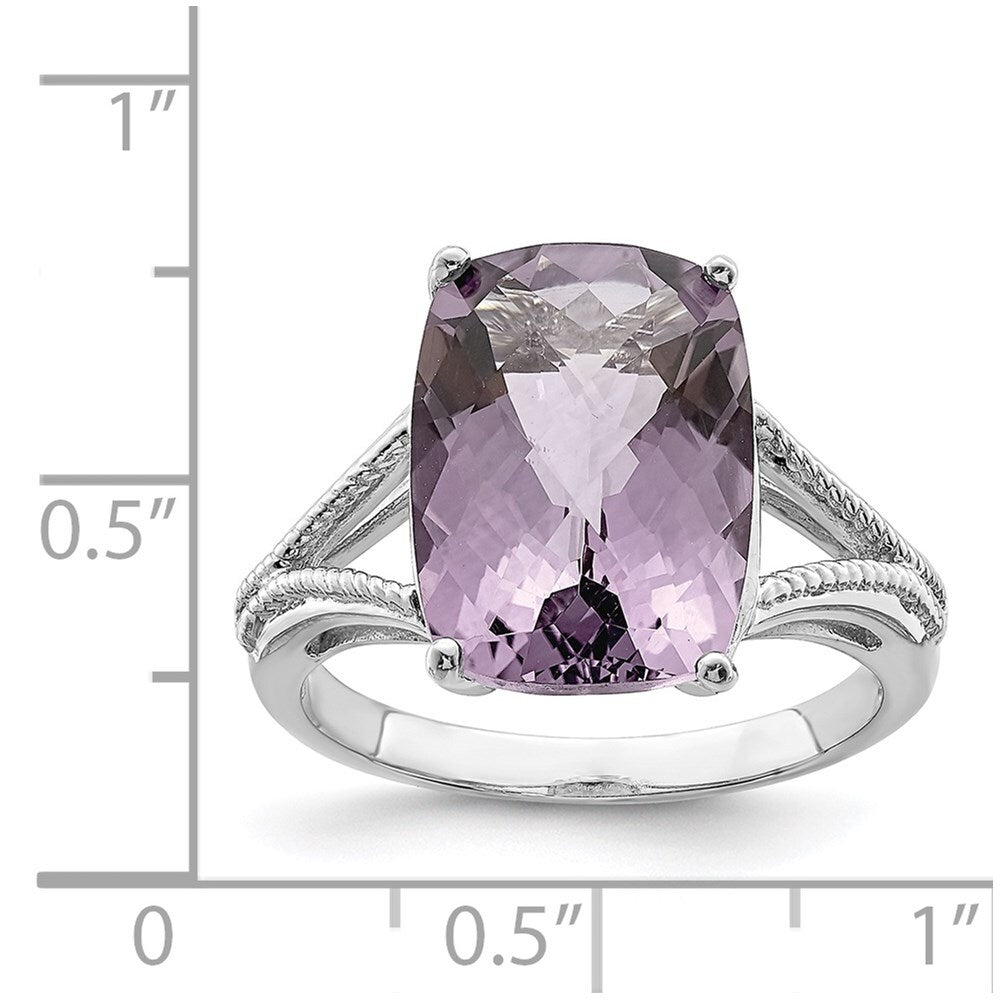 Sterling Silver Rhodium Checker-Cut Pink Quartz Ring Size 7