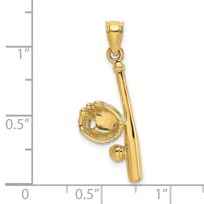14k Yellow Gold Solid Open-Backed Glove/Bat/Baseball Charm Pendant for Women