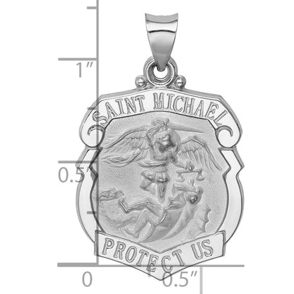 14K White Gold Polish Satin St Michael Badge Medal Hollow Pendant