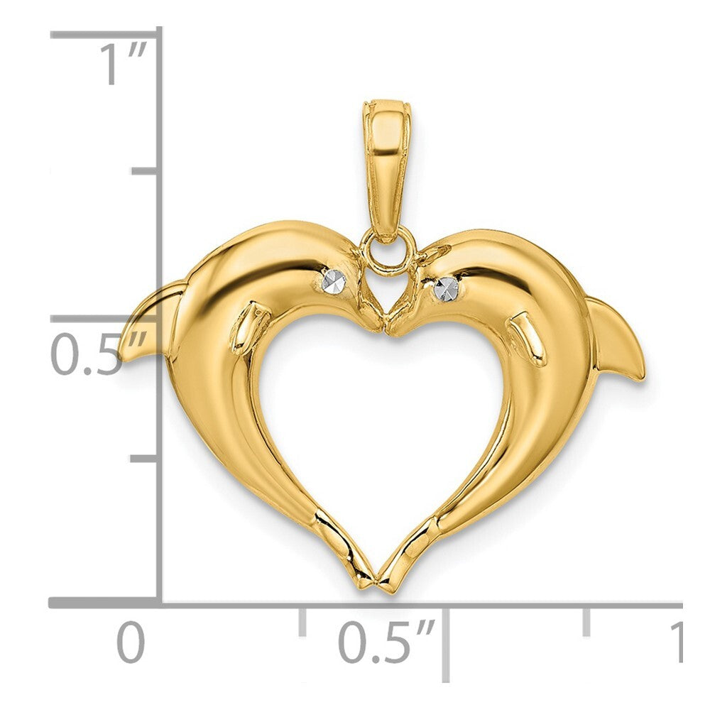 14k Yellow Gold Rhodium Double Dolphin Heart Pendant for Women